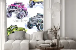 Naklejka: Akwarela bezszwowe wzór cartoon monster trucks. kolorowe tło