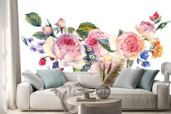 Naklejka: Akwarela bukiet róż angielskich i kwiaty