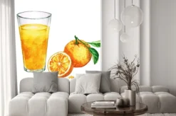 Naklejka: Akwarela food clipart - sok pomarańczowy samodzielnie na białym