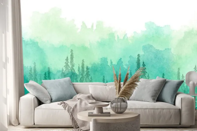 Naklejka: Akwarela grupa drzew - jodła, sosna, cedr, jodła. zielony las,