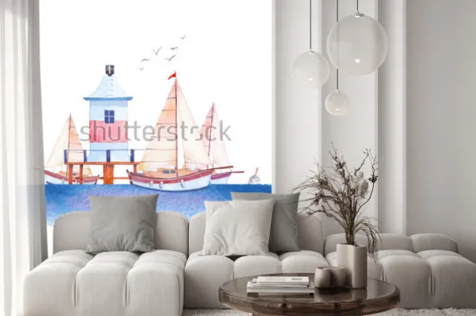 Naklejka: Akwarela ilustracja morskie. ręcznie rysowane kreskówka morskich: