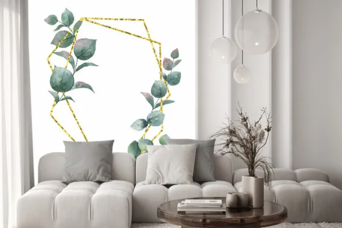 Naklejka: Akwarela kompozycja wektor z gałęzi eukaliptusa i złota rama