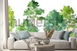 Naklejka: Akwarela krajobraz z drzew liściastych, sosny, krzewów i trawy,