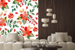 Naklejka: Akwarela kwiatowy wzór z czerwonych kwiatów i liści. kolorowa