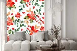 Naklejka: Akwarela kwiatowy wzór z czerwonych kwiatów i liści. kolorowa