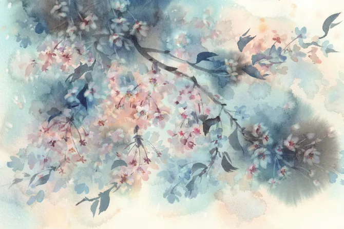 Naklejka: Akwarela kwitnących kwiatów wiśni