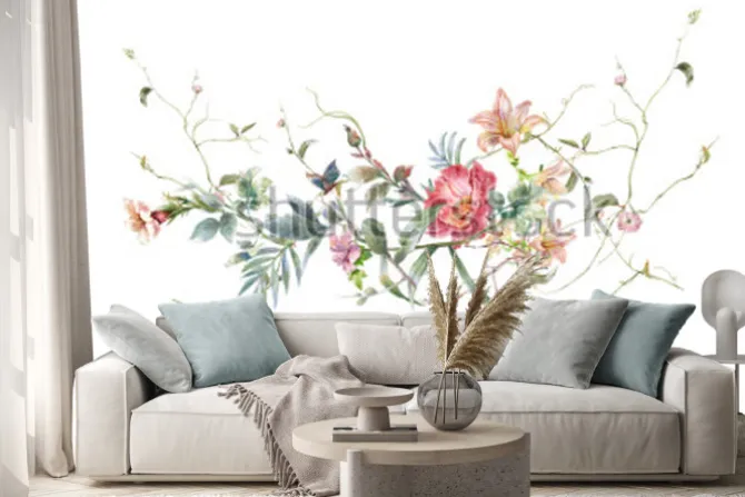 Naklejka: Akwarela malarstwo liści i kwiatów, na białym tle