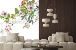 Naklejka: Akwarela malarstwo liści i kwiatów, na białym tle