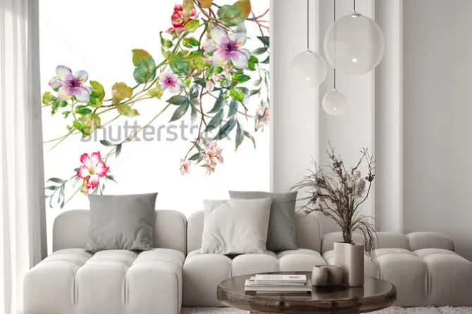 Naklejka: Akwarela malarstwo liści i kwiatów, na białym tle