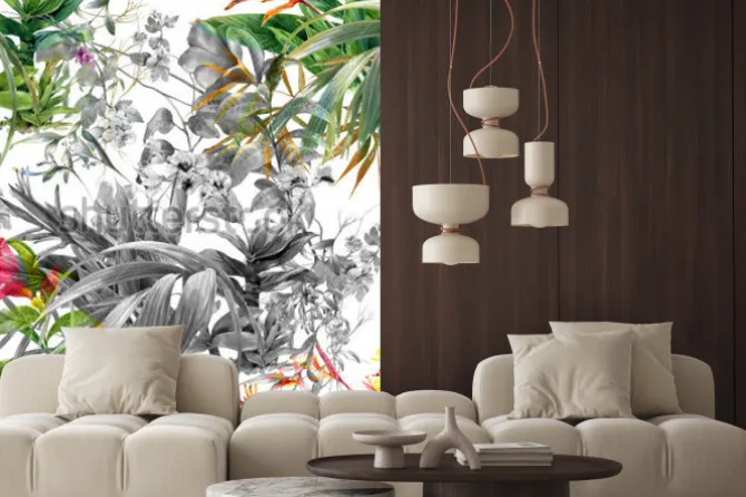 Naklejka: Akwarela obraz liść i kwiaty, wzór na białym tle