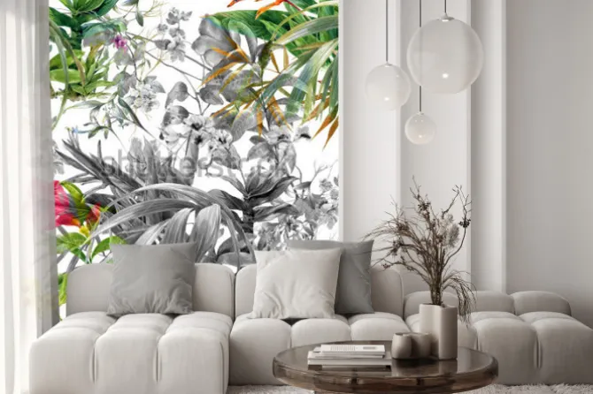 Naklejka: Akwarela obraz liść i kwiaty, wzór na białym tle