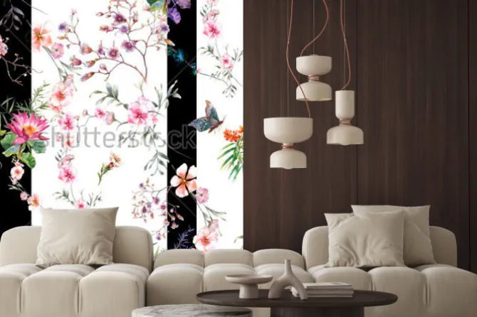 Naklejka: Akwarela obraz liść i kwiaty, wzór na białym tle