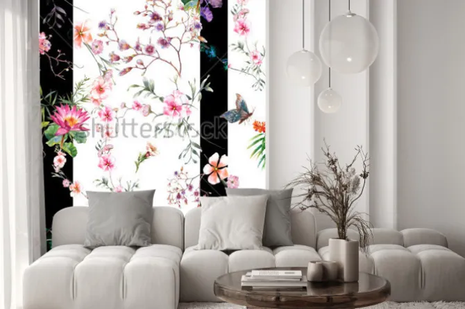 Naklejka: Akwarela obraz liść i kwiaty, wzór na białym tle