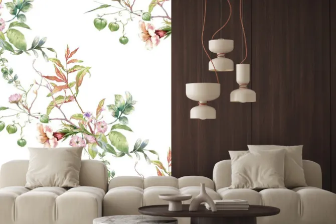 Naklejka: Akwarela obraz liść i kwiaty, bezszwowy wzór na białym tle