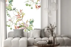 Naklejka: Akwarela obraz liść i kwiaty, bezszwowy wzór na białym tle