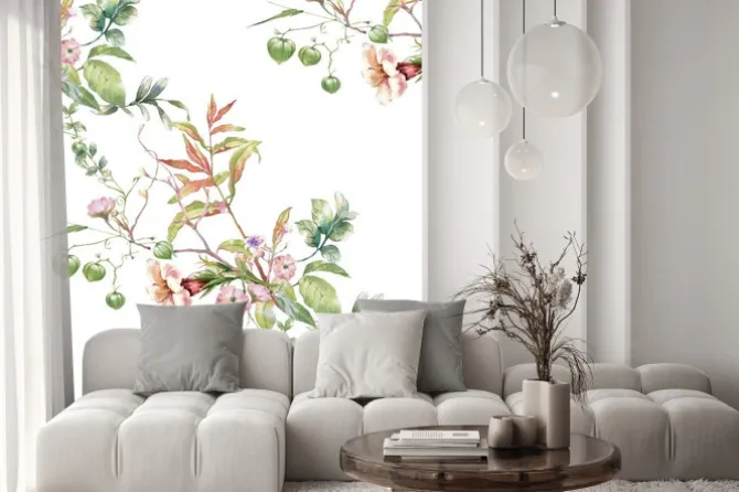 Naklejka: Akwarela obraz liść i kwiaty, bezszwowy wzór na białym tle