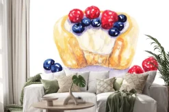 Naklejka: Akwarela owoce tart sernik z jagodami na białym tle