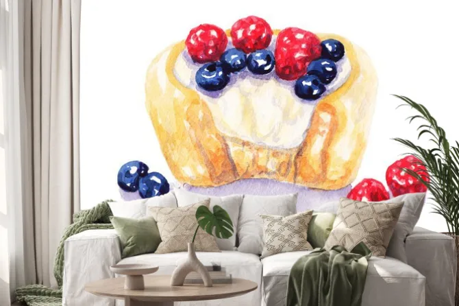 Naklejka: Akwarela owoce tart sernik z jagodami na białym tle