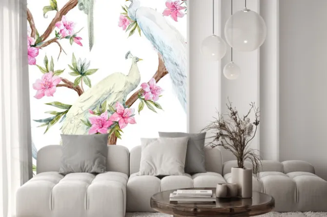 Naklejka: Akwarela paw i wzór kwiatów