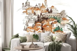 Naklejka: Akwarela pejzaż miejski z domami ilustracyjnymi.