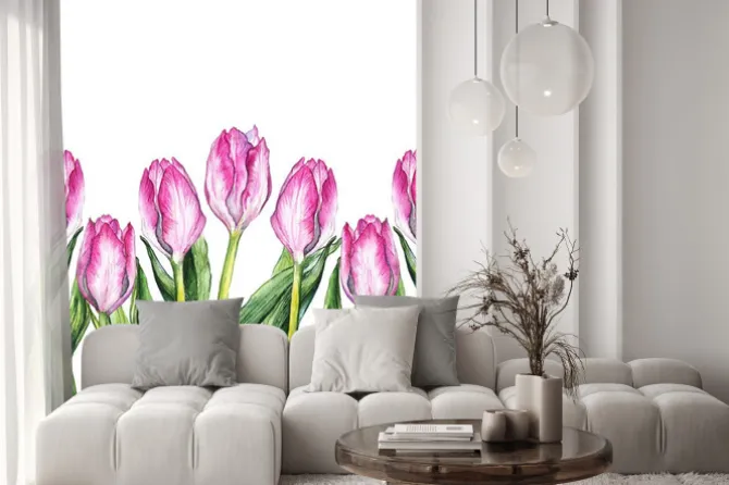 Naklejka: Akwarela ró? owy tulipan kwiat charakter granicy ramki