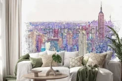 Naklejka: Akwarela szkic lub ilustracja piękny widok na nowy jork z miejskich