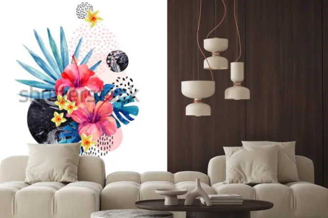 Naklejka: Akwarela tropikalne kwiaty na geometrycznym tle z marmurki, doodle