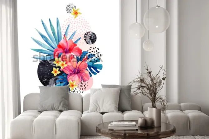 Naklejka: Akwarela tropikalne kwiaty na geometrycznym tle z marmurki, doodle