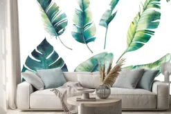 Naklejka: Akwarela tropikalnych liści: monstera, kauczukowiec, palma bananowa.