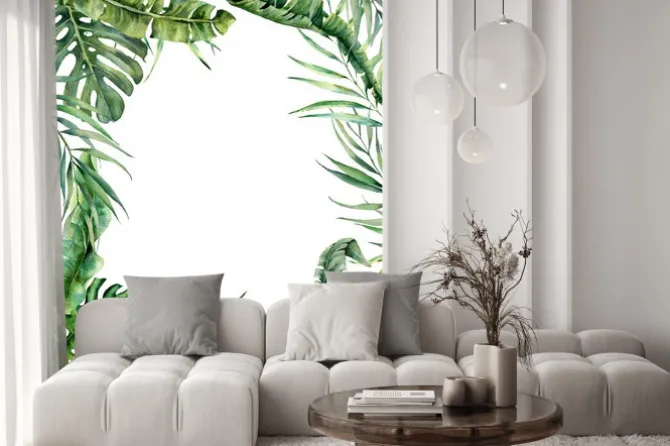 Naklejka: Akwarela tropikalna rama z egzotycznych liści. ręcznie malowane