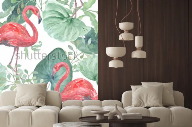 Naklejka: Akwarela tropikalny wzór z tropikalnych liści, ptaki flamingo