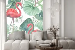 Naklejka: Akwarela tropikalny wzór z tropikalnych liści, ptaki flamingo