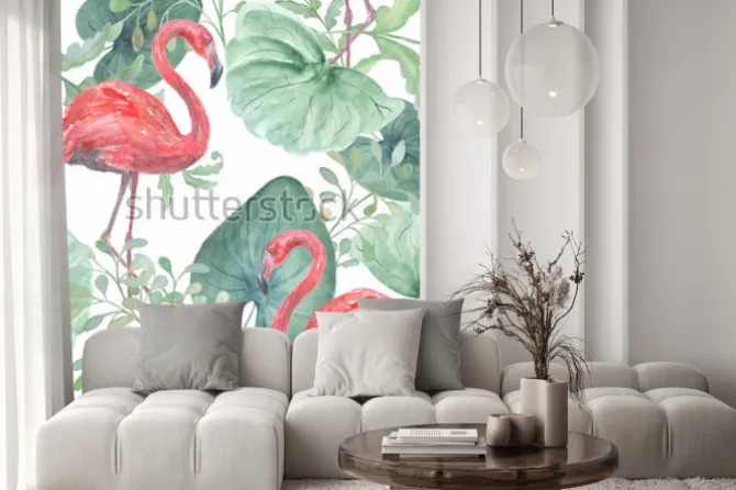 Naklejka: Akwarela tropikalny wzór z tropikalnych liści, ptaki flamingo