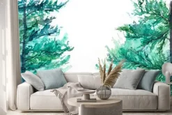 Naklejka: Akwarela turkusowy zimowy las sosnowy krajobraz lasu