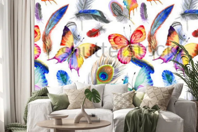 Naklejka: Akwarela wzór pióro ptak od skrzydeł. aquarelle kwiat na tle,