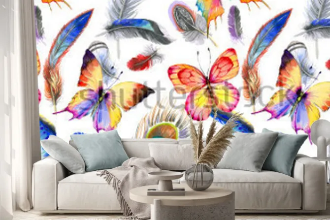 Naklejka: Akwarela wzór pióro ptak od skrzydeł. aquarelle kwiat na tle,