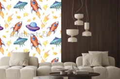 Naklejka: Akwarela wzór wzoru z rakietami, latający spodeczek, gwiazdy.