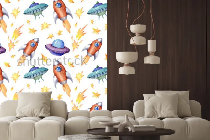 Naklejka: Akwarela wzór wzoru z rakietami, latający spodeczek, gwiazdy.