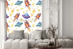 Naklejka: Akwarela wzór wzoru z rakietami, latający spodeczek, gwiazdy.