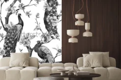 Naklejka: Akwarela, wzór z pawi na drzewie wiśni, kwitnące drzewa, czarno-biały