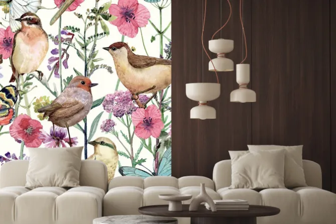 Naklejka: Akwarela z ptakami i kwiatami