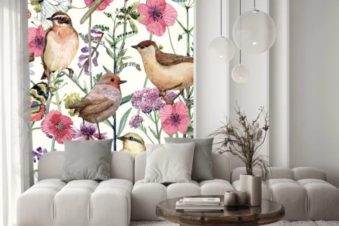 Naklejka: Akwarela z ptakami i kwiatami