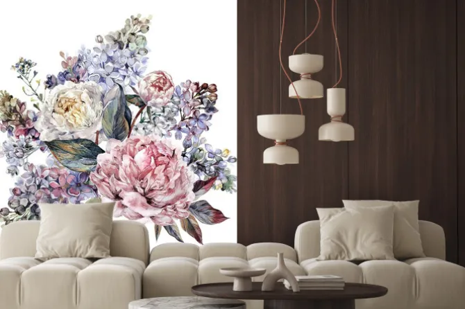 Naklejka: Akwarele peonies i lilac bouquet