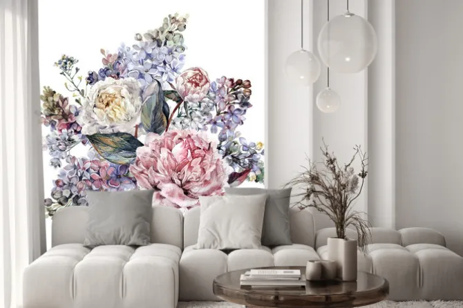 Naklejka: Akwarele peonies i lilac bouquet