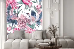 Naklejka: Akwareli natury bezszwowy wzór z żurawiem, różowymi kwiatami