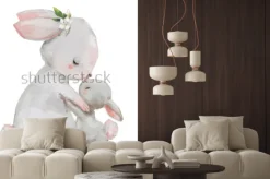 Naklejka: Akwarelowa ilustracja mamy i małego króliczka