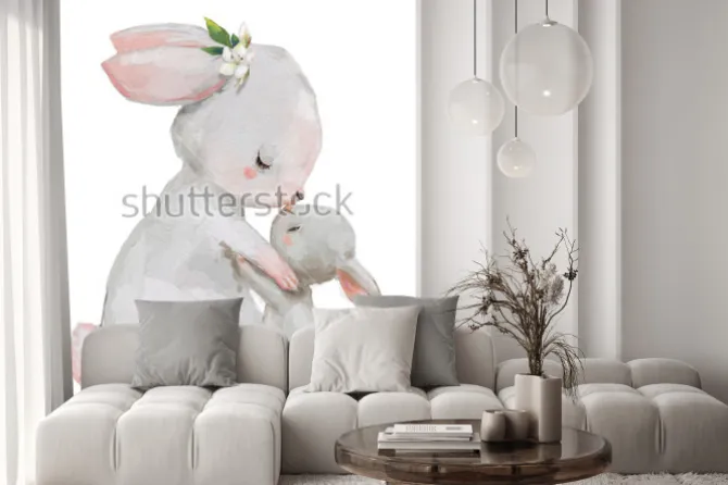 Naklejka: Akwarelowa ilustracja mamy i małego króliczka