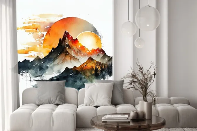 Naklejka: Akwarelowe góry w odcieniach czerni i pomarańczowego