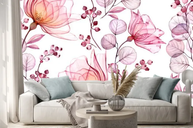 Naklejka: Akwarelowe kwiaty i liście w różowym kolorze