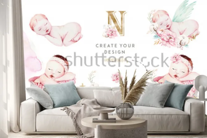 Naklejka: Akwarelowe niemowlę w uroczych pozach